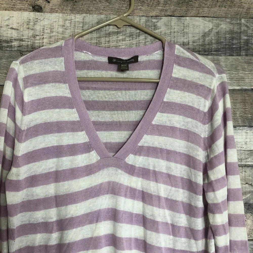 Tommy Bahama Sweater Womens Medium Purple White Stripes V Neck Pullover Ladies